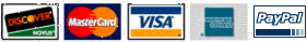 VISA, Mastercard, American Express, Discover, PayPal, Google Checkout, Check, Money Order